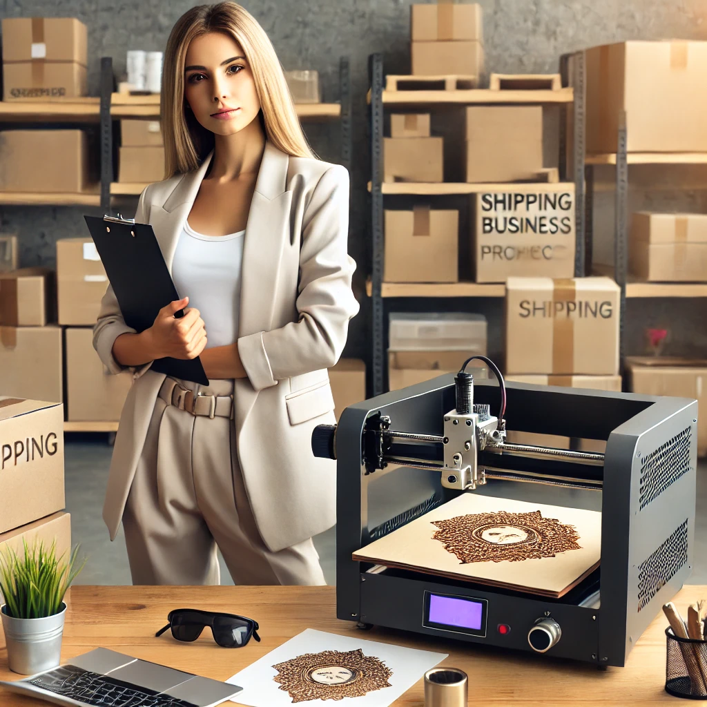 DALL·E 2024-10-19 22.47.37 – An e-commerce businesswoman working in a modern workspace with a professional laser engraving machine that looks realistic and functional, not like a DALL·E 2024-10-19 22.47.37 - An e-commerce businesswoman working in a modern workspace with a professional laser engraving machine that looks realistic and functional, not like a